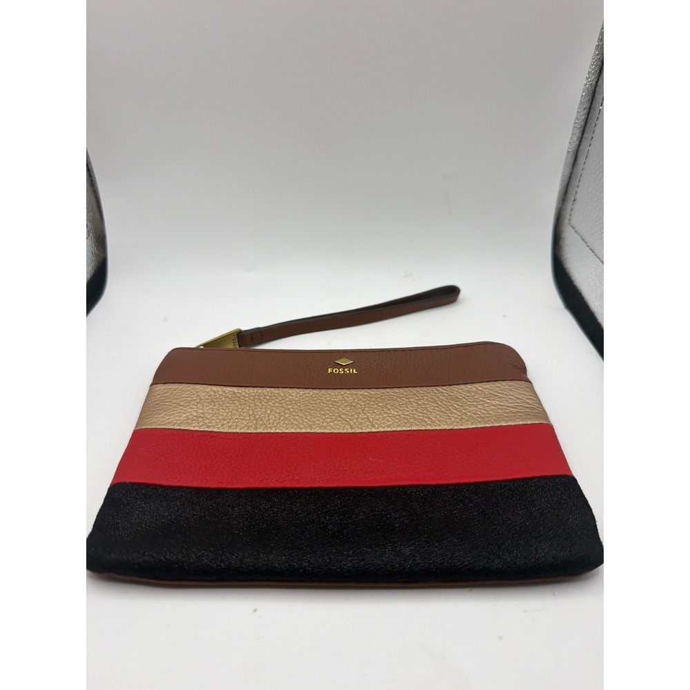 FOSSIL Multicolor Leather Makeup Bag Wristlet SL6826 black red brown taupe